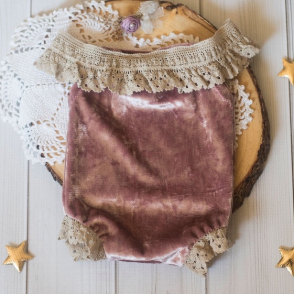 Newborn velvet off the shoulder romper in Mauve | newborn photos